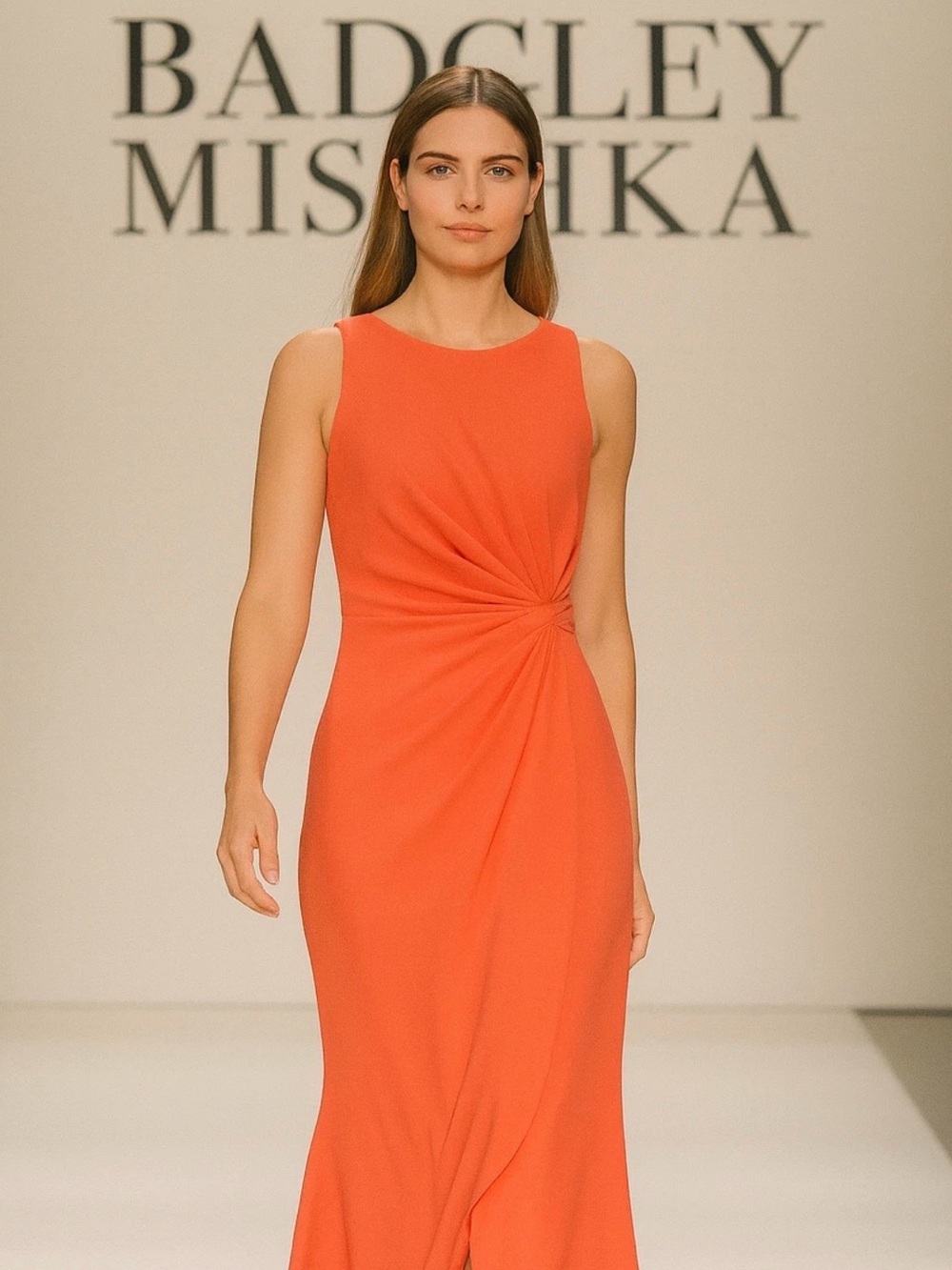 Badgley Mischka Coral Ruched Draped Crepe Maxi Gown Dress - Size 12